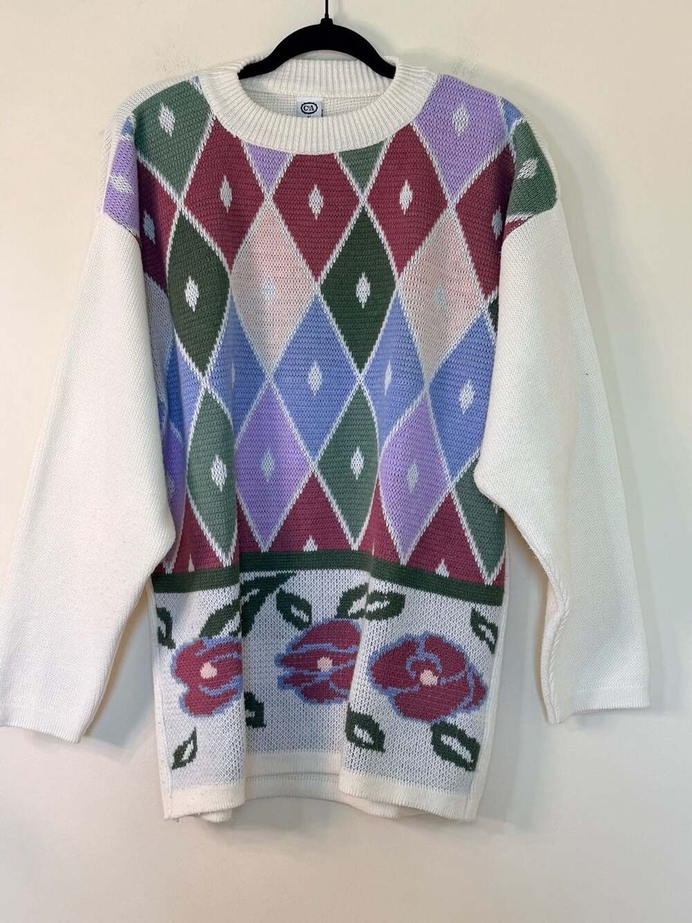 Vintage C&A Knit Sweater with Argyle and Floral Rose‎ Pattern